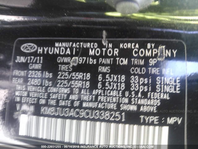 KM8JU3AC9CU338251 - 2012 HYUNDAI TUCSON GLS/LIMITED BLACK photo 9