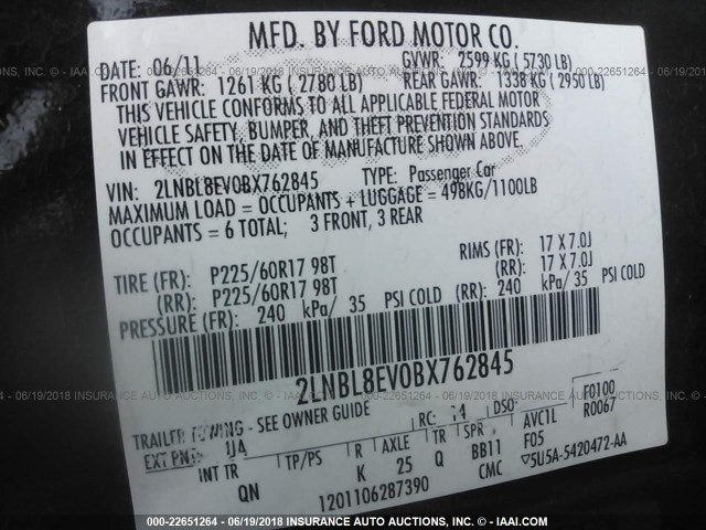 2LNBL8EV0BX762845 - 2011 LINCOLN TOWN CAR EXECUTIVE L BLACK photo 9