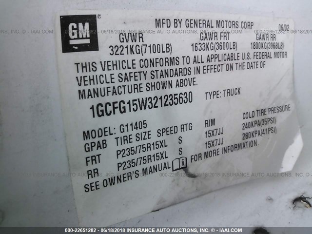 1GCFG15W321235630 - 2002 CHEVROLET EXPRESS G1500  WHITE photo 9