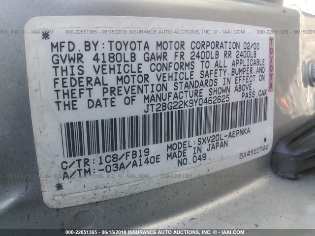 JT2BG22K9Y0462625 - 2000 TOYOTA CAMRY CE/LE/XLE 银色 照片 9