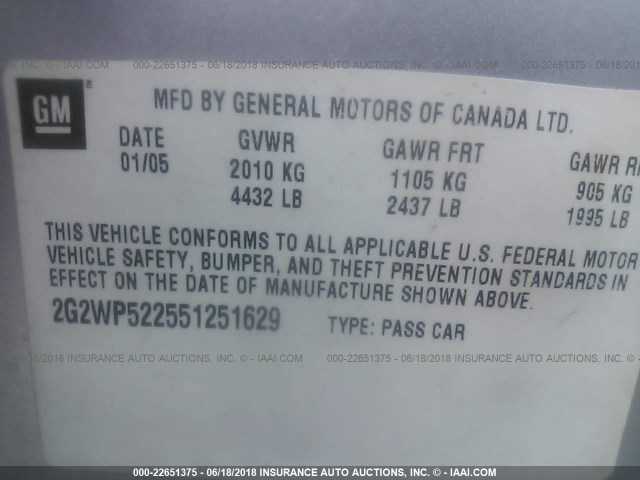 2G2WP522551251629 - 2005 PONTIAC GRAND PRIX SILVER photo 9