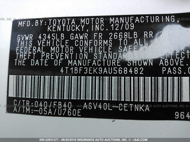 4T1BF3EK9AU568482 - 2010 TOYOTA CAMRY SE/LE/XLE 白色 照片 9