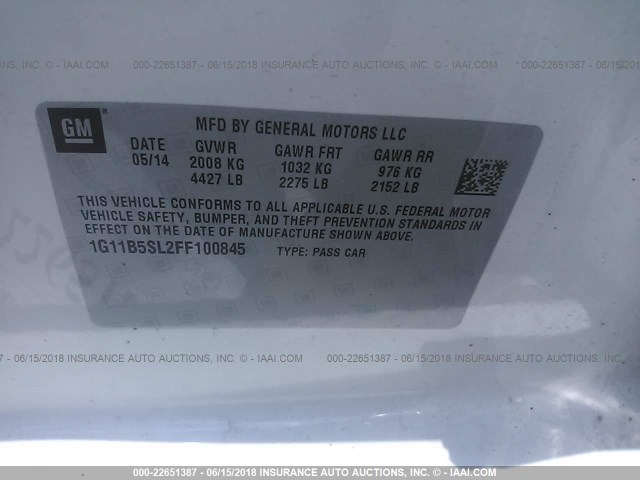 1G11B5SL2FF100845 - 2015 CHEVROLET MALIBU LS WHITE photo 9