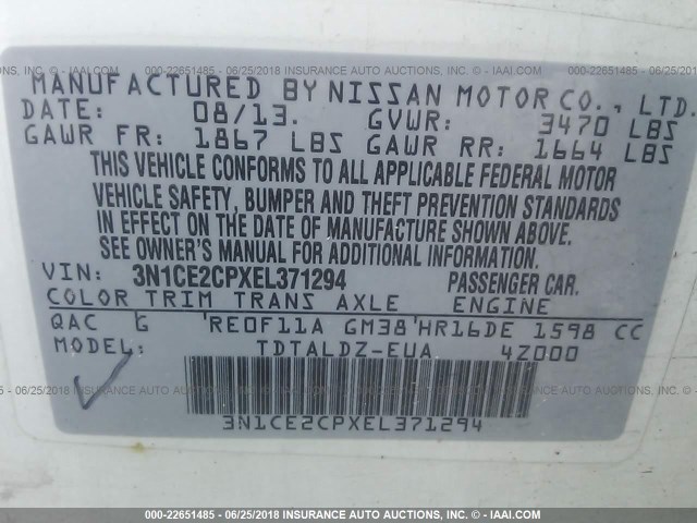 3N1CE2CPXEL371294 - 2014 NISSAN VERSA NOTE S/S PLUS/SV/SL WHITE photo 9