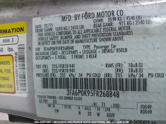 3FA6P0K95FR268848 - 2015 FORD FUSION TITANIUM SILVER photo 9