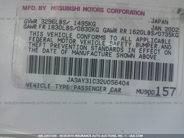 JA3AY31C32U056404 - 2002 MITSUBISHI MIRAGE LS WHITE photo 9