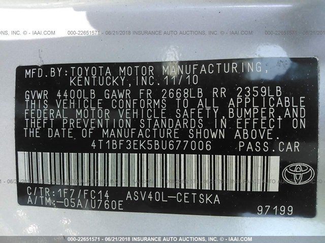 4T1BF3EK5BU677006 - 2011 TOYOTA CAMRY SE/LE/XLE 银色 照片 9