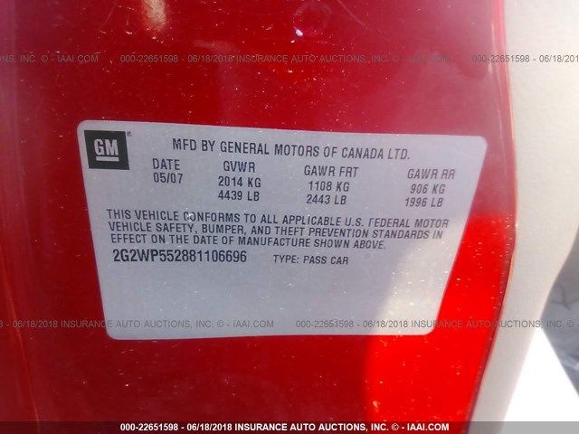 2G2WP552881106696 - 2008 PONTIAC GRAND PRIX RED photo 9