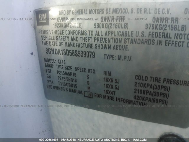 3GNDA13D58S539079 - 2008 CHEVROLET HHR LS WHITE photo 9