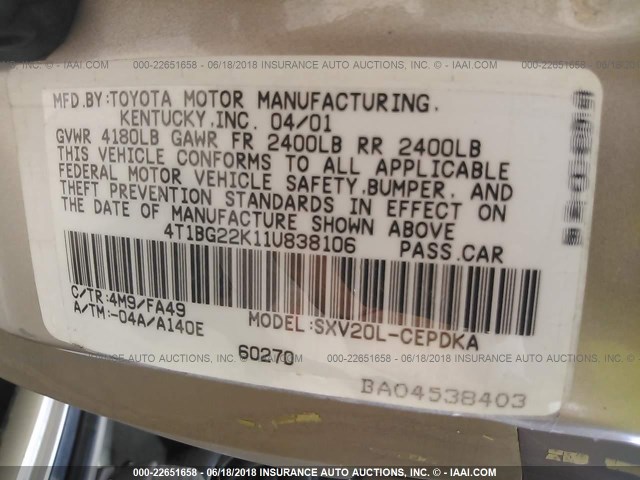 4T1BG22K11U838106 - 2001 TOYOTA CAMRY CE/LE/XLE 米色 照片 9