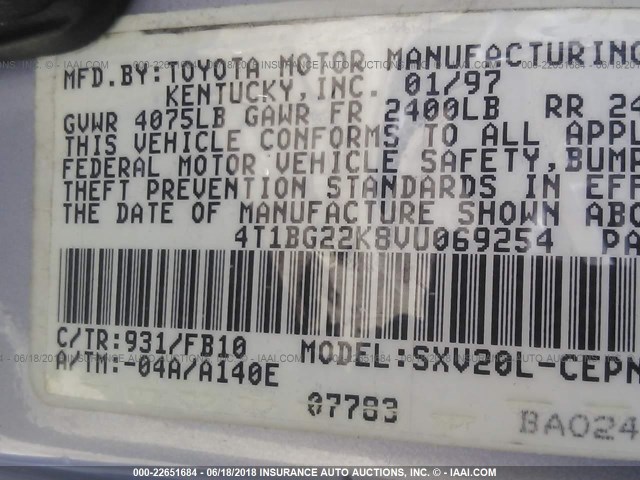 4T1BG22K8VU069254 - 1997 TOYOTA CAMRY CE/LE/XLE Light Blue photo 9