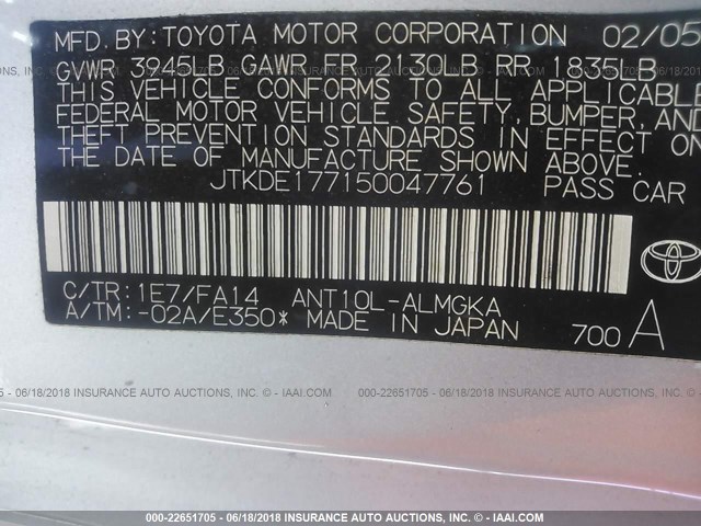 JTKDE177150047761 - 2005 TOYOTA SCION TC SILVER photo 9