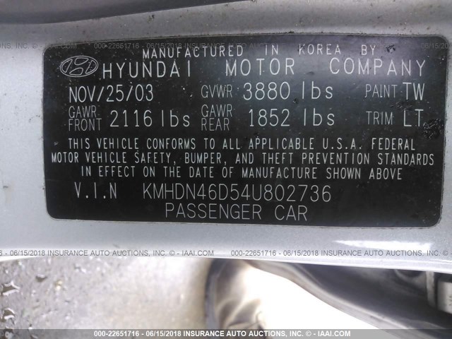 KMHDN46D54U802736 - 2004 HYUNDAI ELANTRA GLS/GT SILVER photo 9