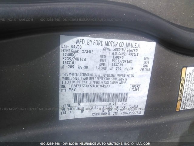 1FMZU73K63UC04277 - 2003 FORD EXPLORER XLT/XLT SPORT/NBX 米色 照片 9