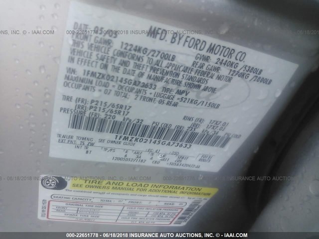 1FMZK02145GA73633 - 2005 FORD FREESTYLE SEL SILVER photo 9