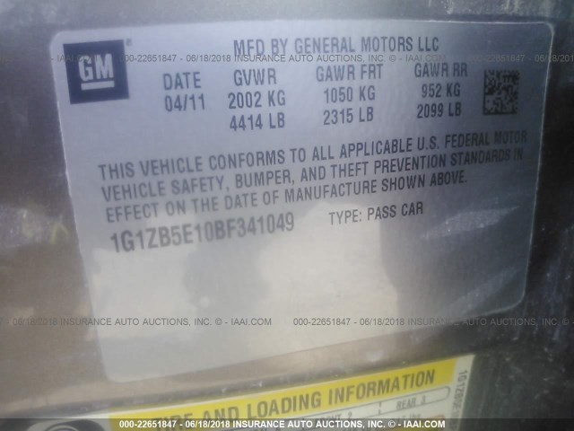 1G1ZB5E10BF341049 - 2011 CHEVROLET MALIBU LS Qəhvəyi foto 9