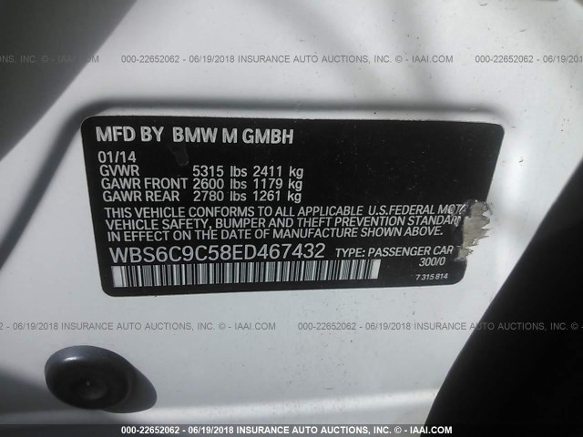 WBS6C9C58ED467432 - 2014 BMW M6 GRAN COUPE WHITE photo 9