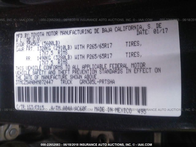 3TMCZ5AN0HM072447 - 2017 TOYOTA TACOMA DBL CAB/SR/TRDSPT/OR/PRO 灰色 照片 9