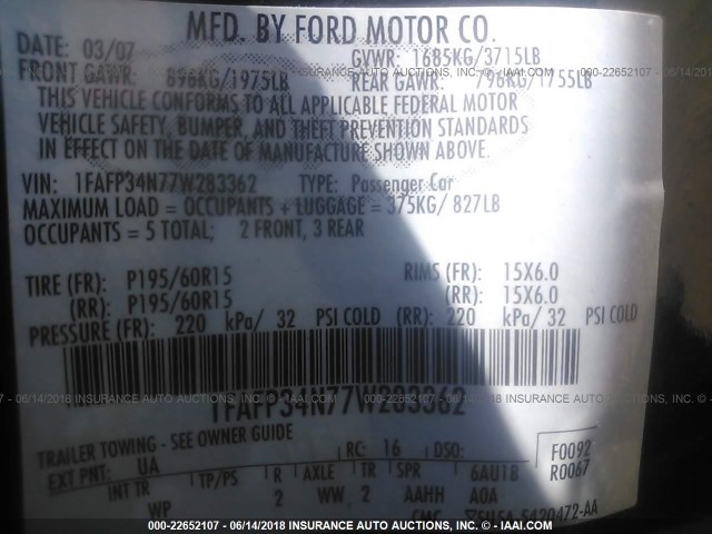 1FAFP34N77W283362 - 2007 FORD FOCUS ZX4/S/SE/SES BLACK photo 9