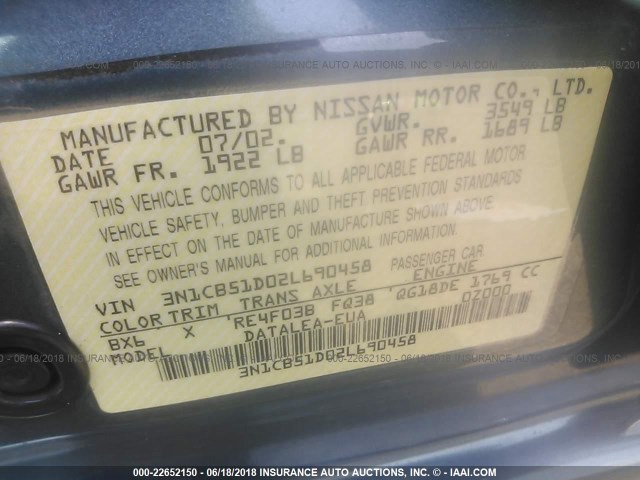 3N1CB51D02L690458 - 2002 NISSAN SENTRA XE/GXE BLUE photo 9