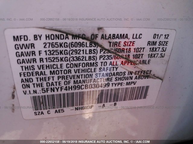 5FNYF4H99CB030499 - 2012 HONDA PILOT TOURING WHITE photo 9