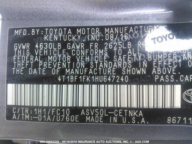 4T1BF1FK1HU647240 - 2017 TOYOTA CAMRY LE/XLE/SE/XSE GRAY photo 9