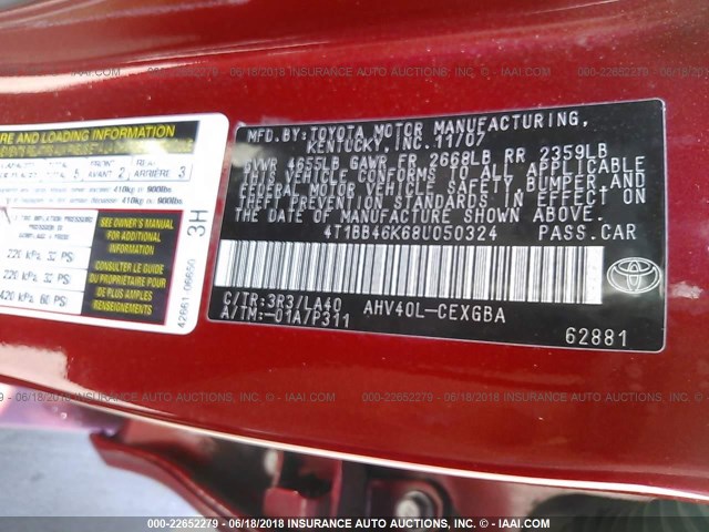 4T1BB46K68U050324 - 2008 TOYOTA CAMRY HYBRID RED photo 9