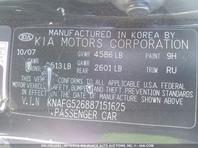 KNAFG526887151625 - 2008 KIA RONDO LX/EX BLACK photo 9