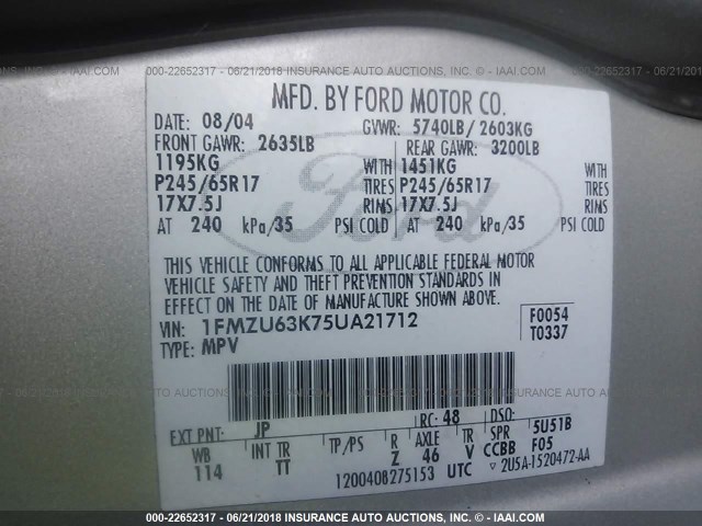 1FMZU63K75UA21712 - 2005 FORD EXPLORER XLT/XLT SPORT/NBX 银色 照片 9