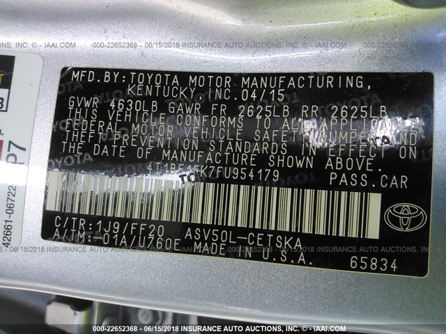 4T1BF1FK7FU954179 - 2015 TOYOTA CAMRY LE/XLE/SE/XSE SILVER photo 9