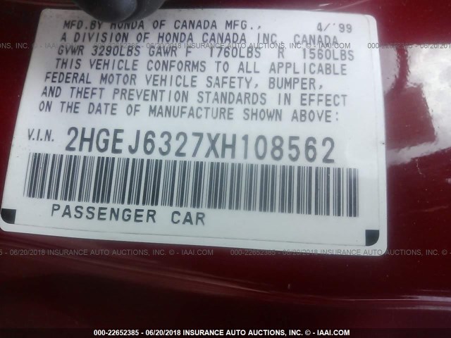 2HGEJ6327XH108562 - 1999 HONDA CIVIC CX RED photo 9