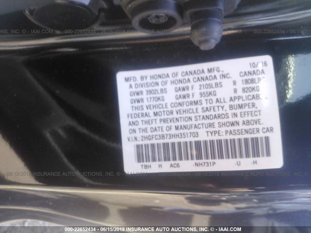 2HGFC3B73HH351703 - 2017 HONDA CIVIC EXL Qara foto 9