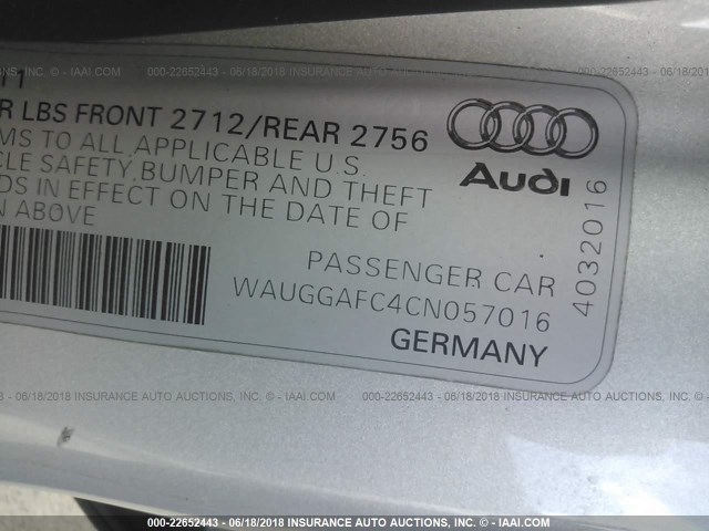 WAUGGAFC4CN057016 - 2012 AUDI A6 PREMIUM PLUS SILVER photo 9