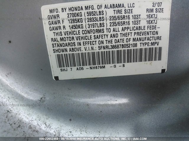 5FNRL38687B052108 - 2007 HONDA ODYSSEY EXL SILVER photo 9