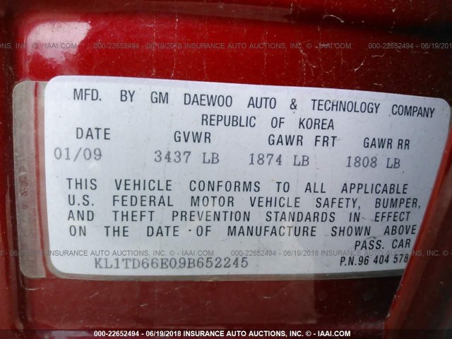 KL1TD66E09B652245 - 2009 CHEVROLET AVEO LS/LT RED photo 9