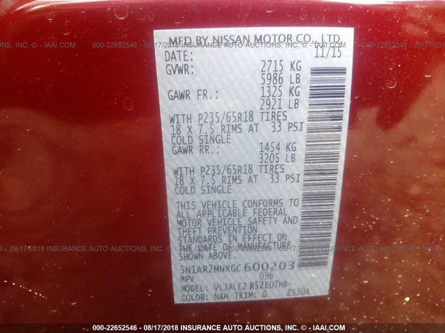 5N1AR2MNXGC600203 - 2016 NISSAN PATHFINDER S/SV/SL/PLATINUM 勃艮第红 照片 9