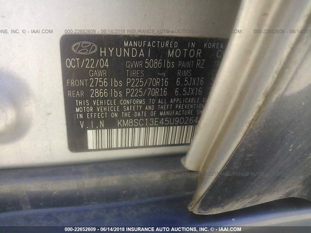 KM8SC13E45U902644 - 2005 HYUNDAI SANTA FE GLS/LX SILVER photo 9