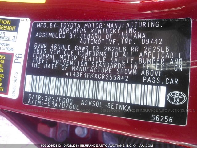 4T4BF1FKXCR255842 - 2012 TOYOTA CAMRY SE/LE/XLE 红色 照片 9