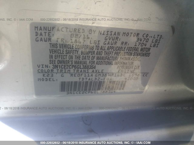 3N1CE2CP6GL388354 - 2016 NISSAN VERSA NOTE S/S PLUS/SV/SL/SR SILVER photo 9