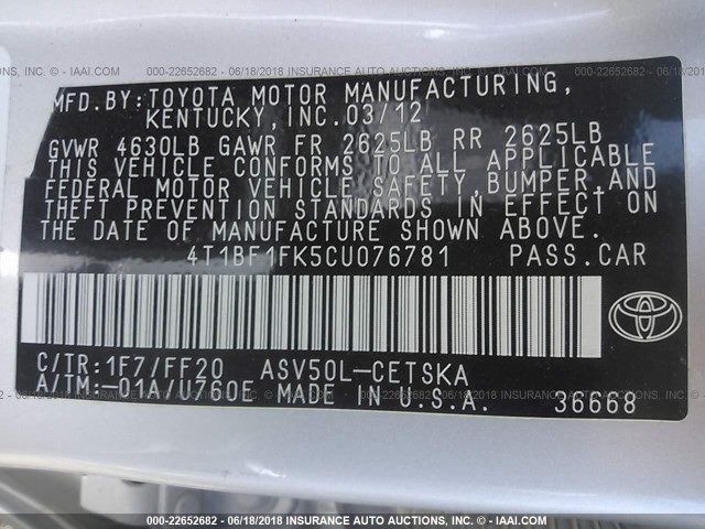 4T1BF1FK5CU076781 - 2012 TOYOTA CAMRY SE/LE/XLE SILVER photo 9