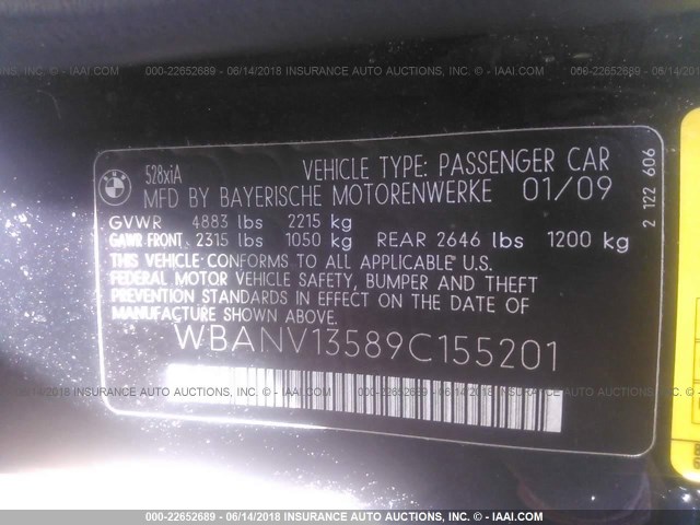 WBANV13589C155201 - 2009 BMW 528 XI BLACK photo 9