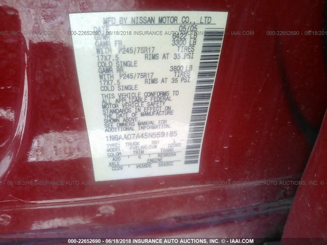 1N6AA07A45N559185 - 2005 NISSAN TITAN XE/SE/LE RED photo 9