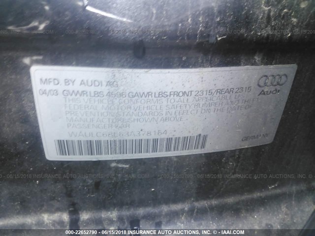 WAULC68E63A378164 - 2003 AUDI A4 1.8T QUATTRO BLACK photo 9