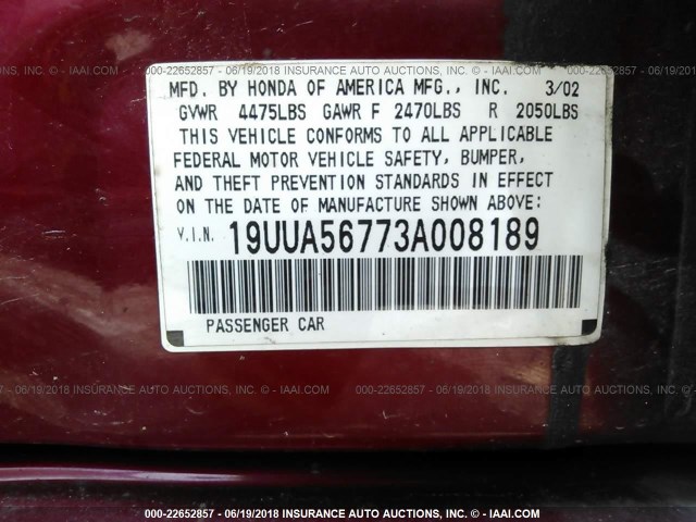 19UUA56773A008189 - 2003 ACURA 3.2TL MAROON photo 9