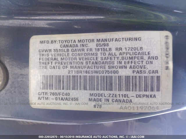 2T1BR18E5WC075800 - 1998 TOYOTA COROLLA VE/CE/LE BLUE photo 9