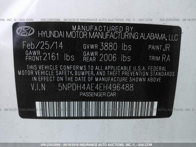 5NPDH4AE4EH496488 - 2014 HYUNDAI ELANTRA SE/SPORT/LIMITED WHITE photo 9