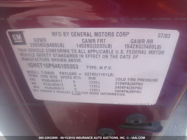 1GNET16P646105353 - 2004 CHEVROLET TRAILBLAZER EXT LS/EXT LT RED photo 9