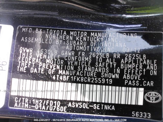 4T4BF1FK8CR255919 - 2012 TOYOTA CAMRY SE/LE/XLE BLACK photo 9