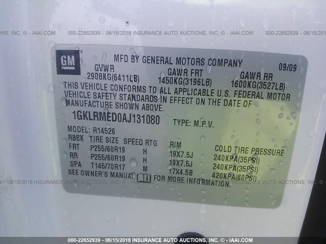 1GKLRMED0AJ131080 - 2010 GMC ACADIA SLT-1 WHITE photo 9