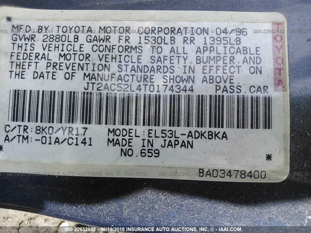 JT2AC52L4T0174344 - 1996 TOYOTA TERCEL STD/DX ლურჯი ფოტო 9